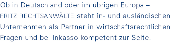 Ob in Deutschland oder im übrigen Europa – FRITZ RECHTSANWÄLTE steht in- und ausländischen Unternehmen als Partner in wirtschaftsrechtlichen Fragen und bei Inkasso kompetent zur Seite.