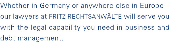 Whether in Germany or anywhere else in Europe – our lawyers at Fritz Rechtsanwälte will serve you with the legal capability you need in business and debt management.